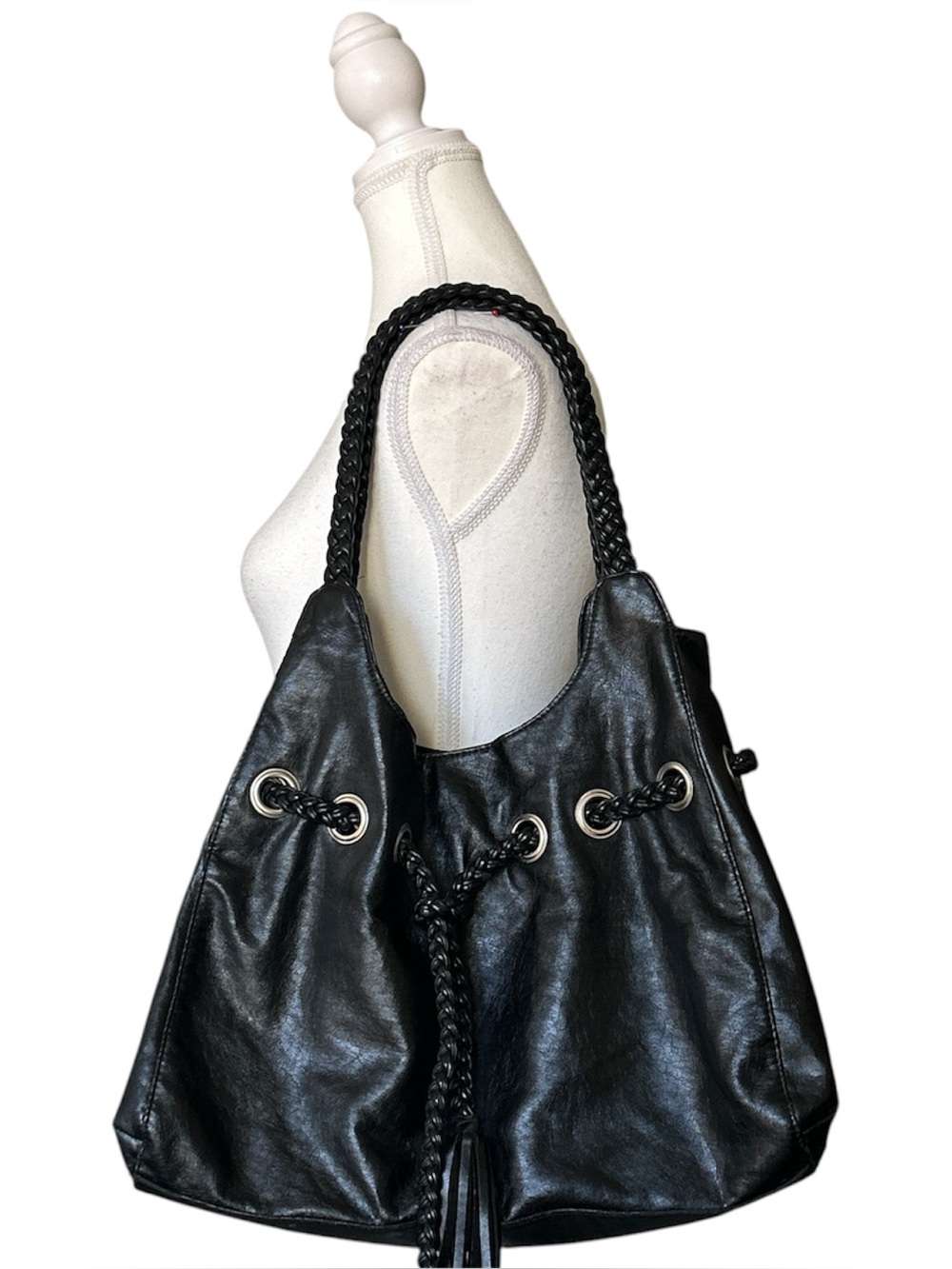 Y2K Grunge Style Basic Black Faux Leather Hobo Shoulder Bag